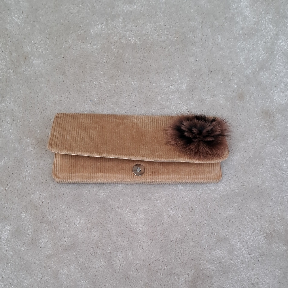 Shiraleah Corduroy Tan Clutch Fur Pom-Pom Bag